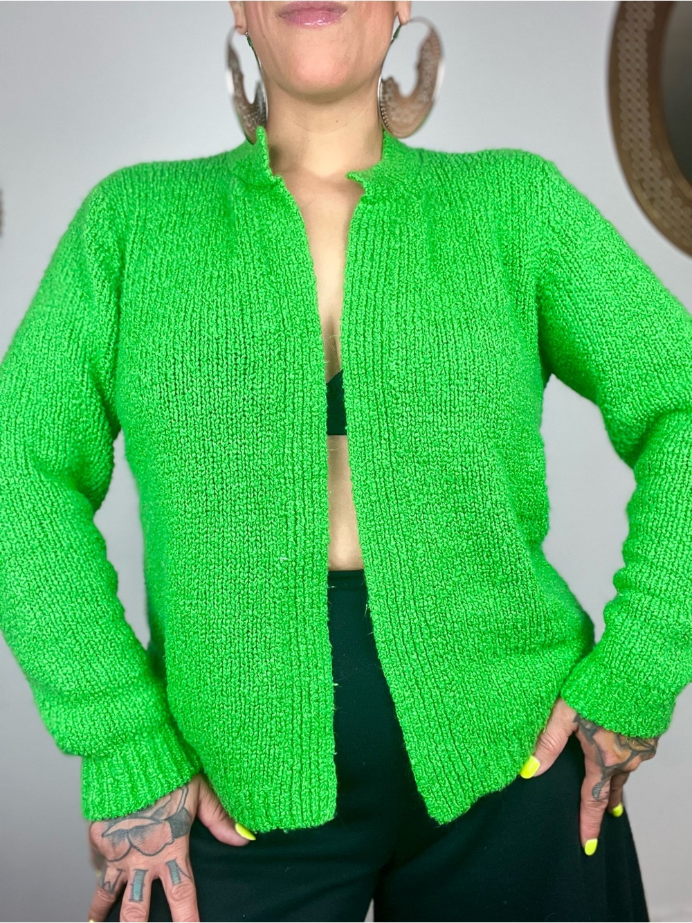 Bright Green 70’s Vintage LeRoy Knitwear Women’s Open Front Sweater Cardigan XL